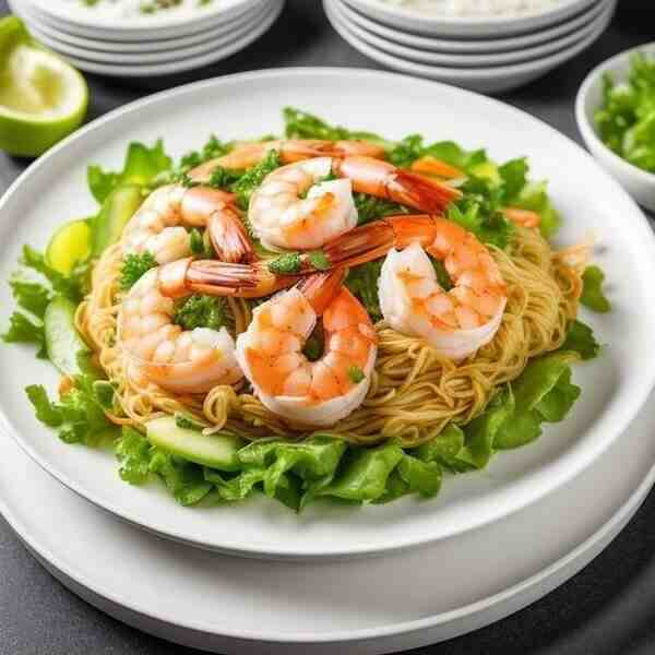Салат с креветками и рисовой лапшой